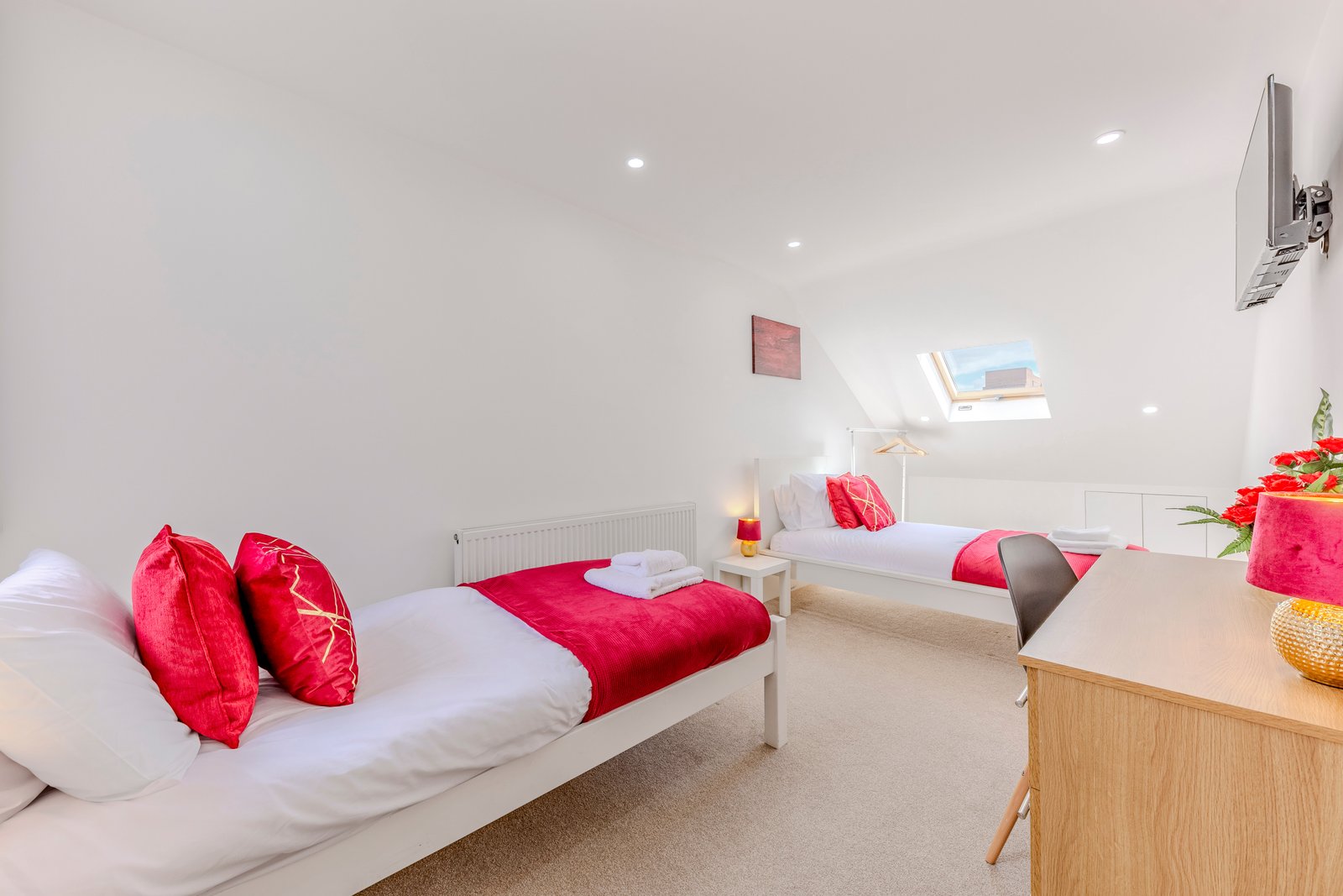 Bedroom 5 — red room, twin beds